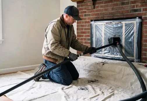 Drop cloths protecting a Denver living room during chimney work