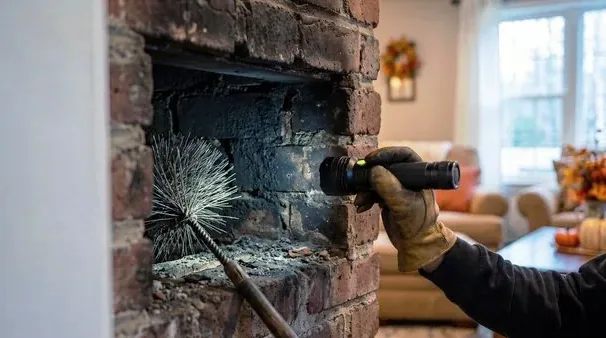 Technician inspecting a small coal-era fireplace in a Denver home