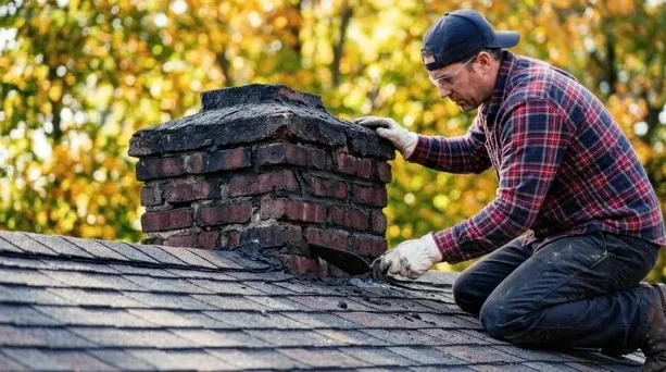 Mason repairing the top of an old brick chimney on a Denver Victorian